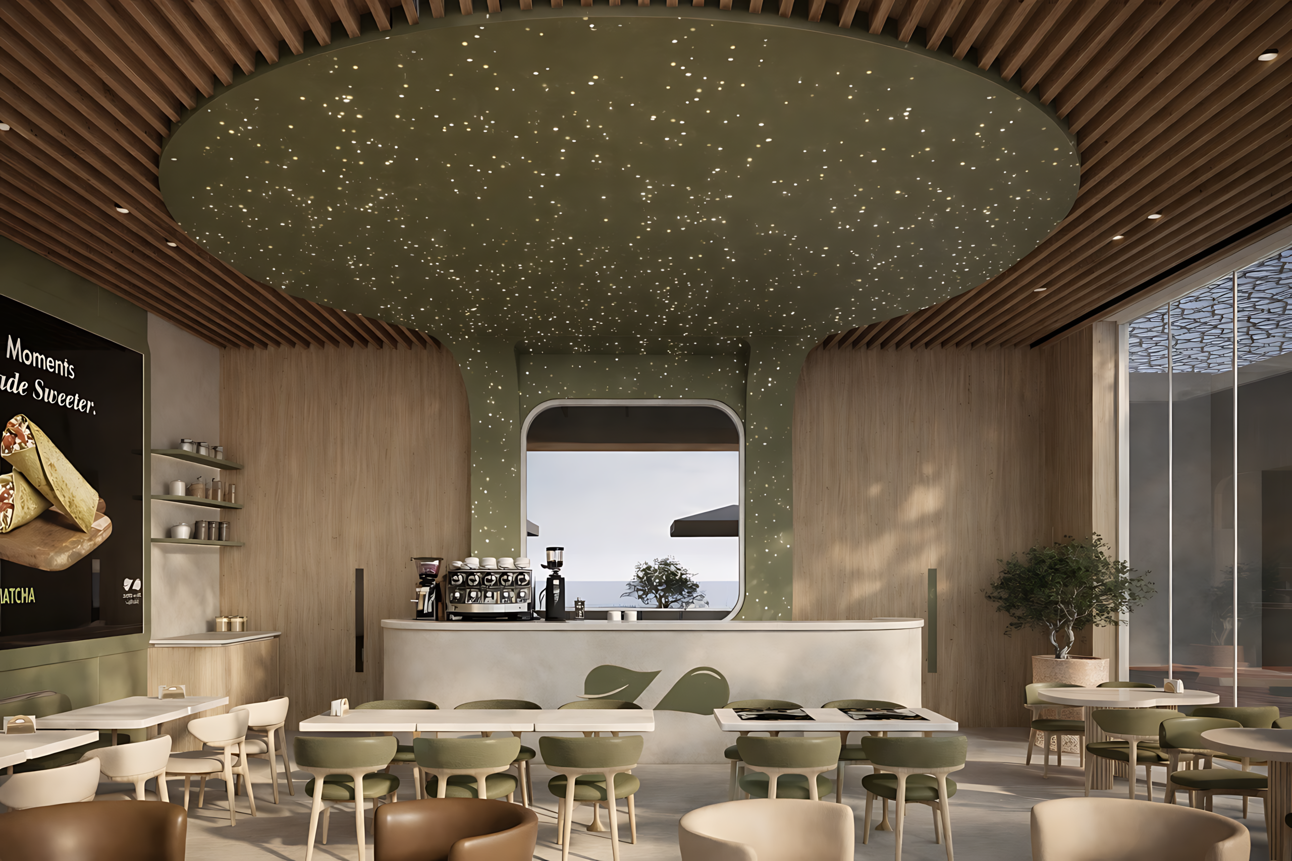 Olive-green speckled canopy ceiling curving down around the service counter at Zaatar w Zeit Kuwait