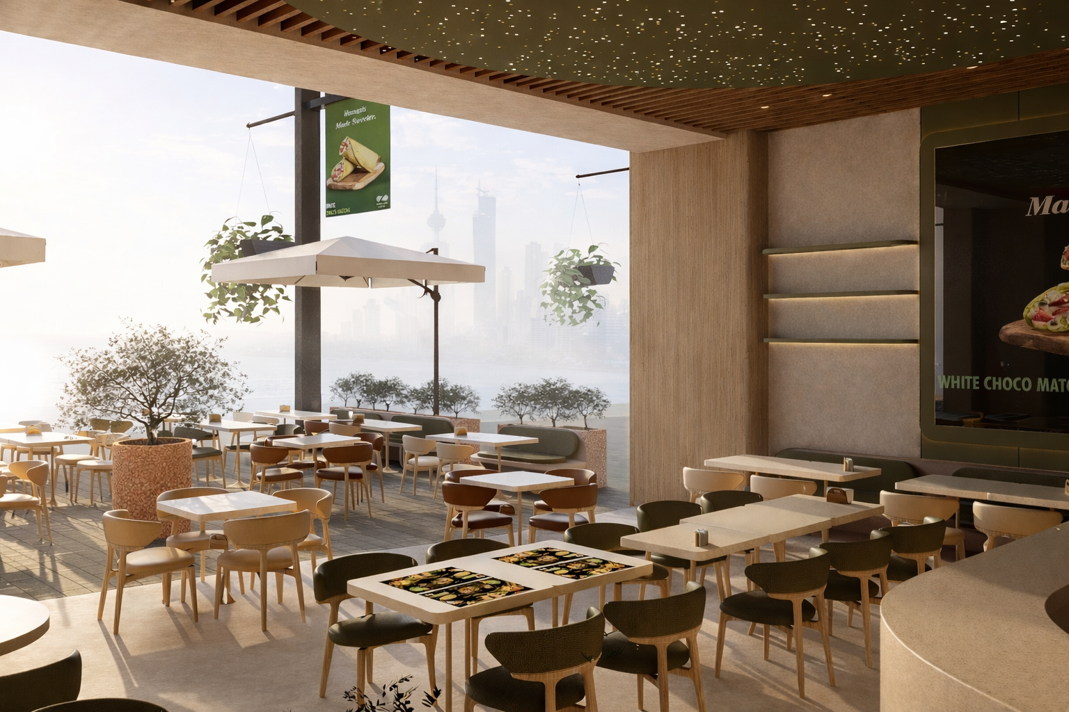 Interior seating flowing onto the terrace with olive trees and hanging greenery