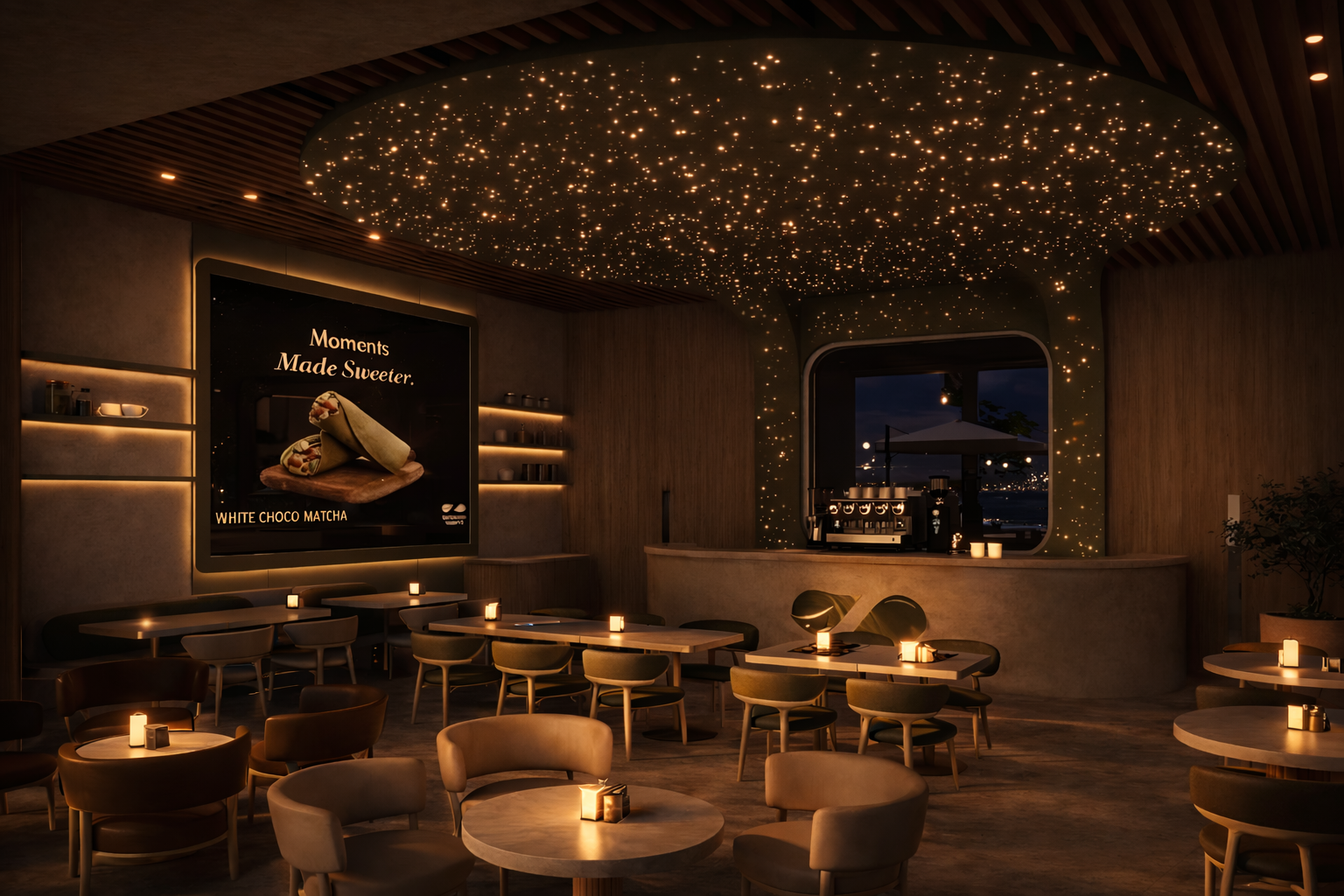 Canopy with points of light glowing over candlelit tables at night at Zaatar w Zeit Kuwait