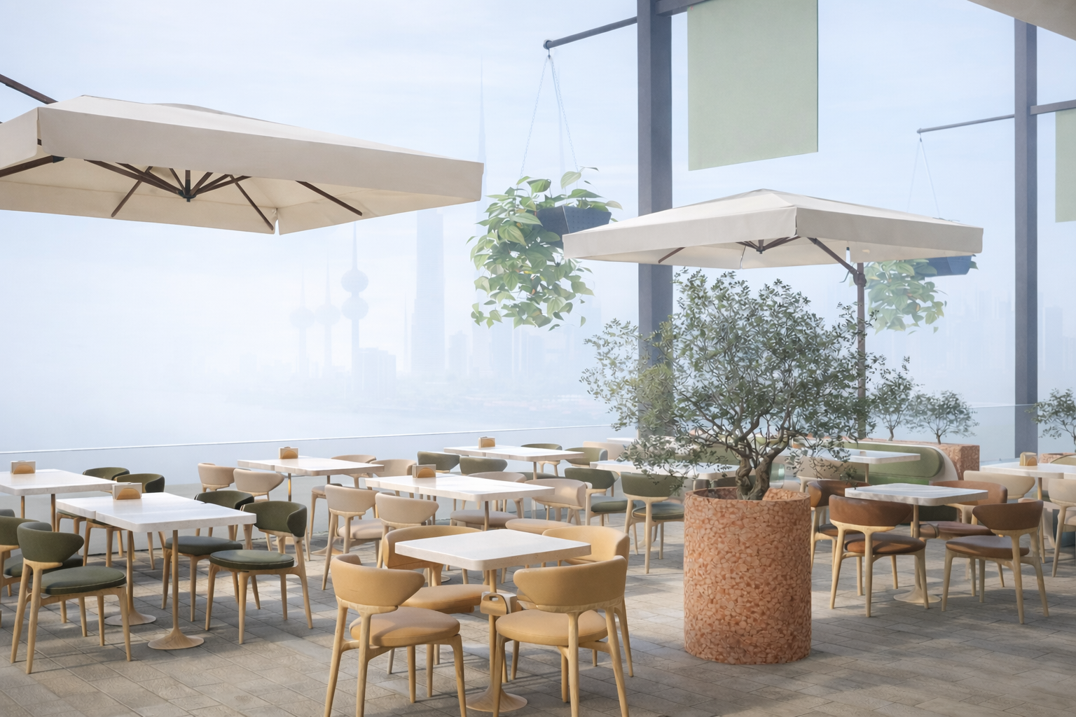 Waterfront terrace facing the Kuwait City skyline with olive trees and umbrellas