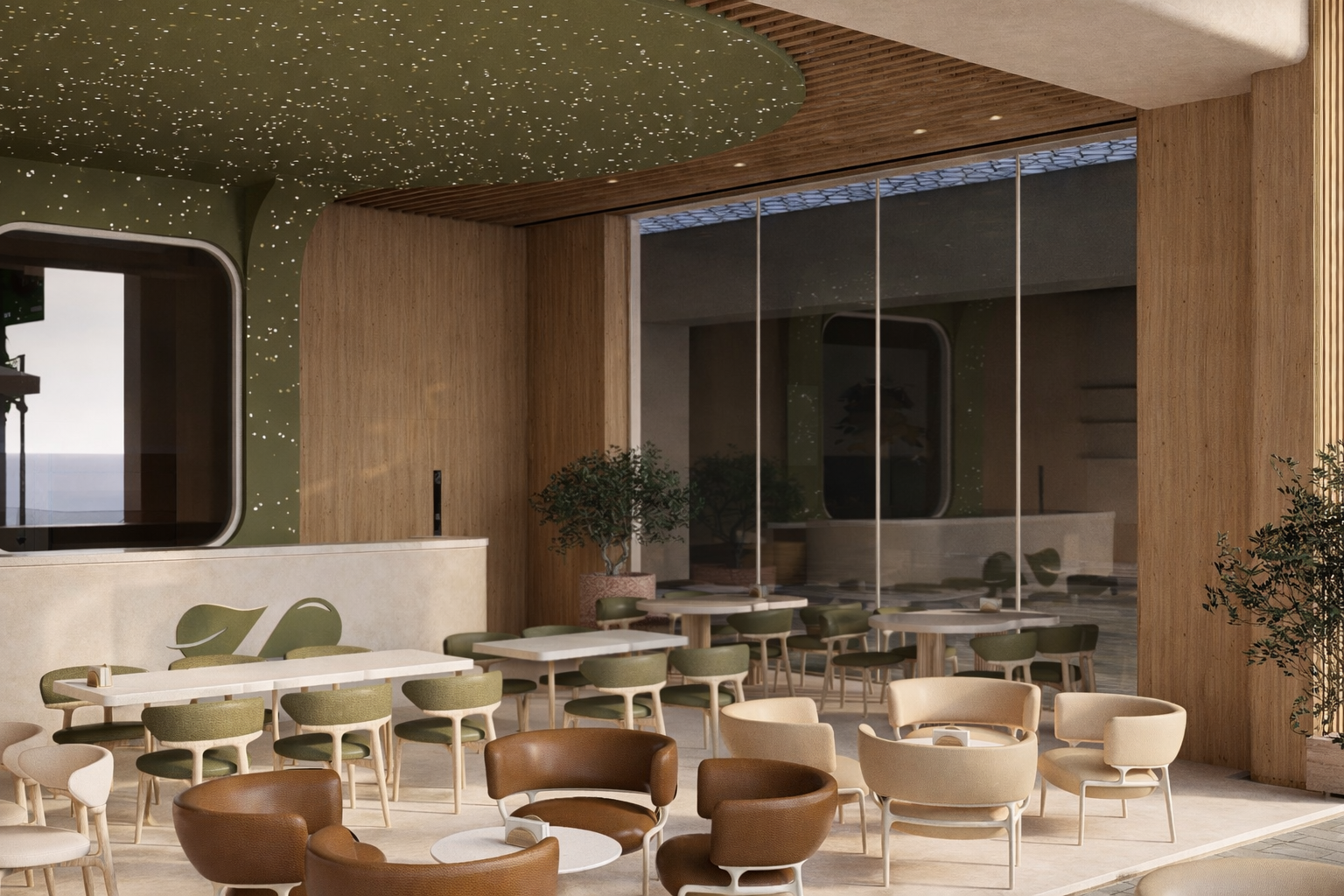 Rounded lounge chairs and leaf-motif counter beneath the olive-green canopy at Zaatar w Zeit Kuwait