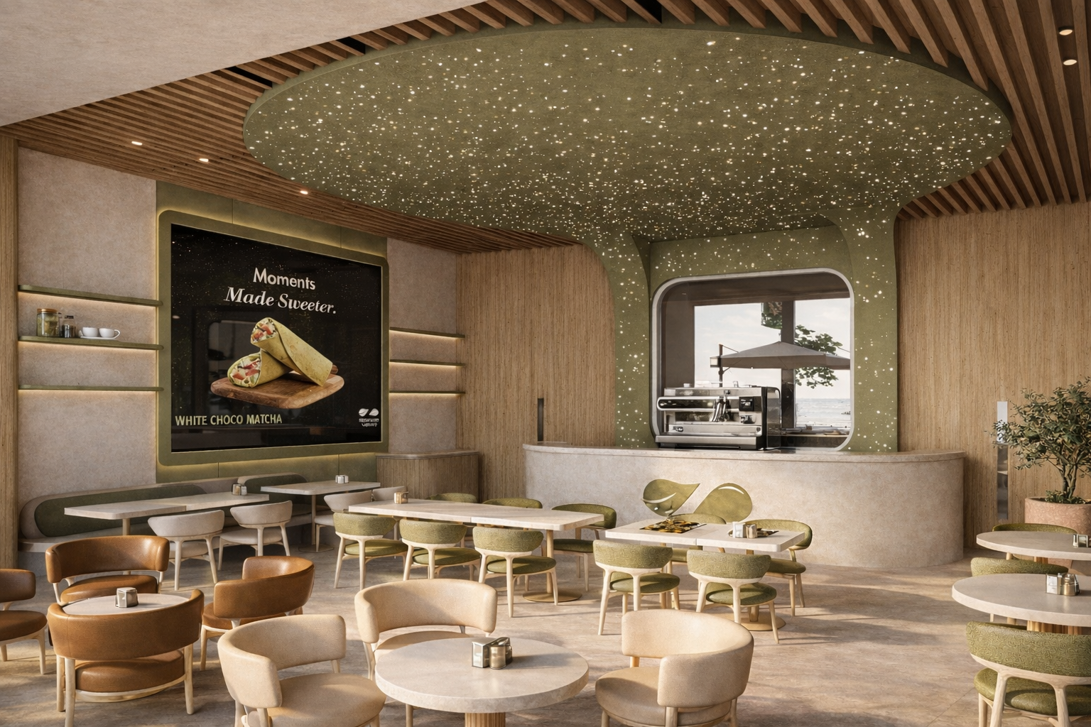 Zaatar w Zeit Kuwait interior with digital menu screen, olive-green canopy and cognac leather seating