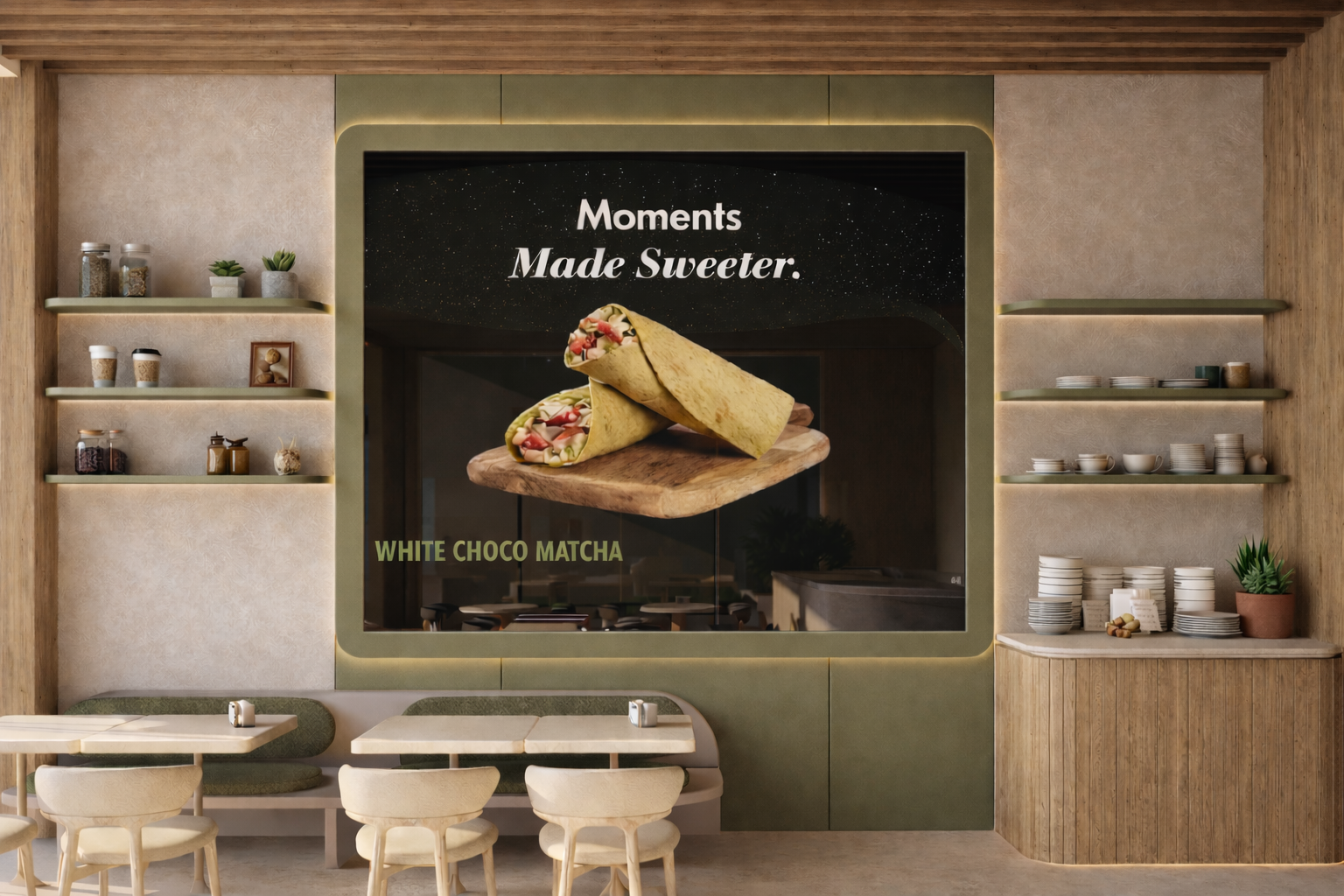 Screen wall with digital menu in an olive-green frame, illuminated shelves and green banquette