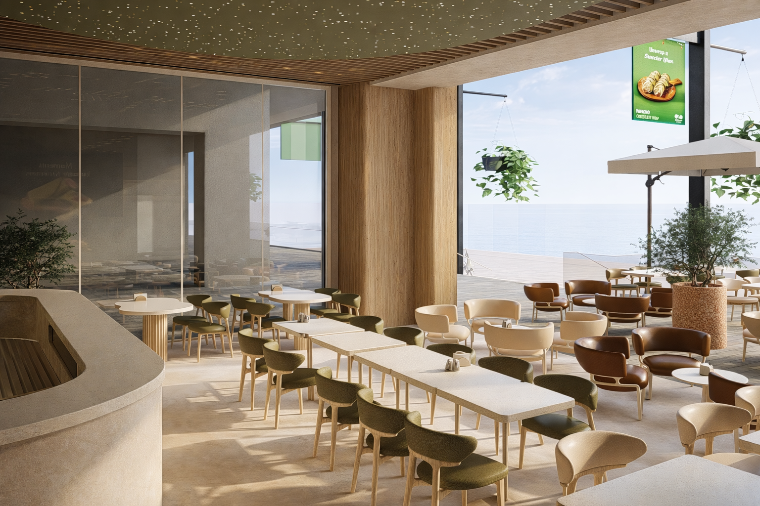 Communal tables inside Zaatar w Zeit Kuwait opening onto the waterfront terrace