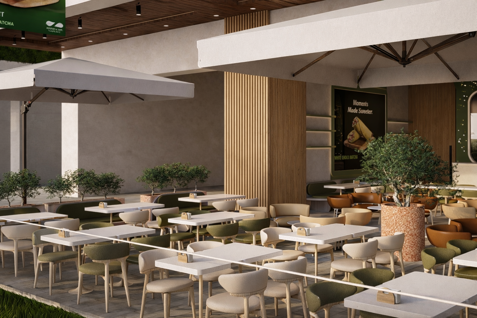 Terrace seating with cantilevered umbrellas and olive trees in terrazzo planters