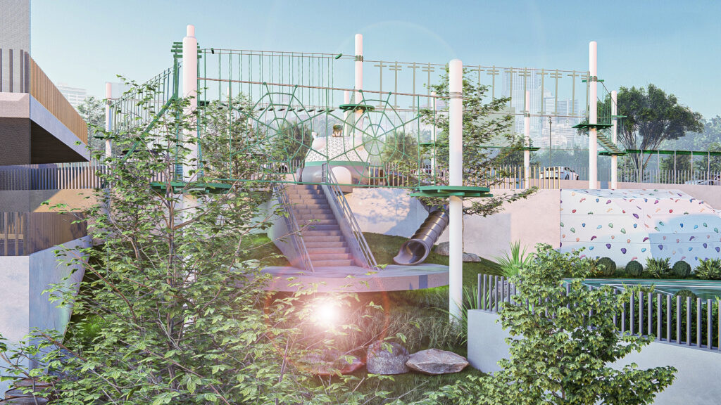 Outdoor climbing structure with slides and nets
