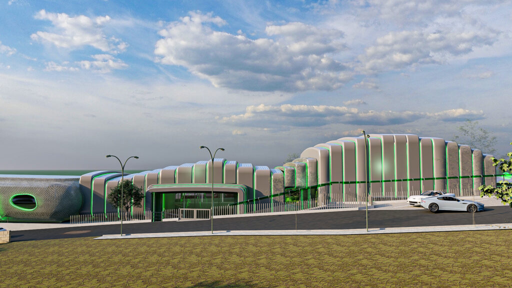 Spacecraft-inspired entertainment building façade with glowing green lines