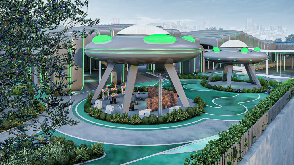 Outdoor play zone under flying saucer structures