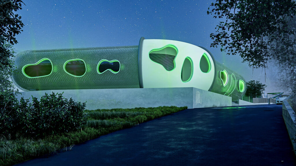 Entertainment building glowing green at night