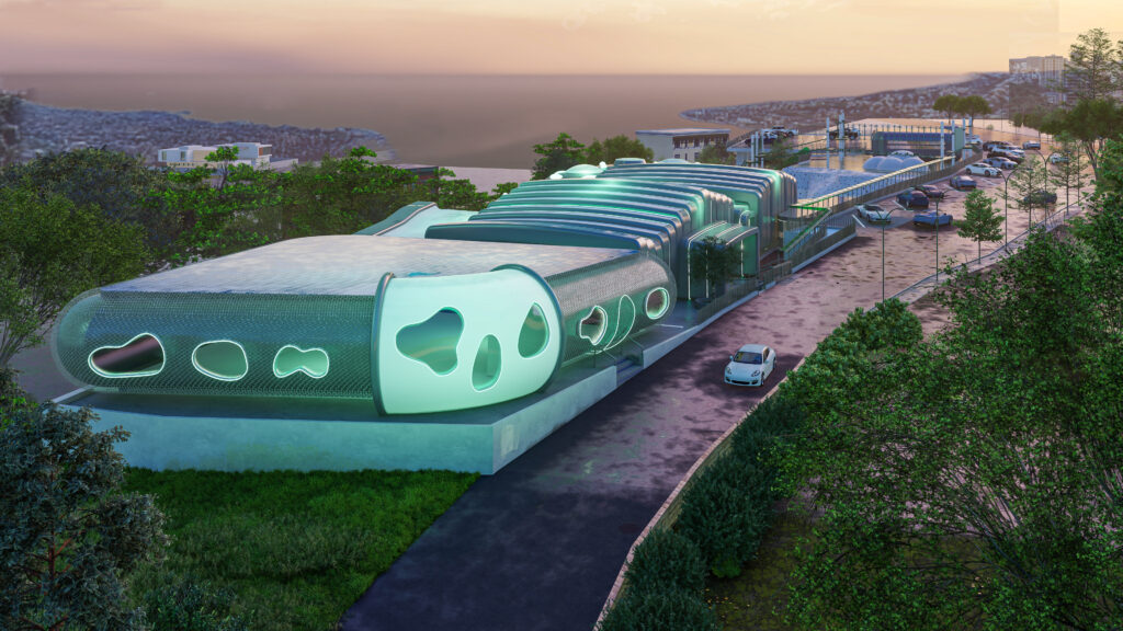 Entertainment building with porthole windows at dusk
