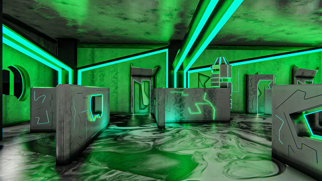 Laser tag arena with neon green lighting