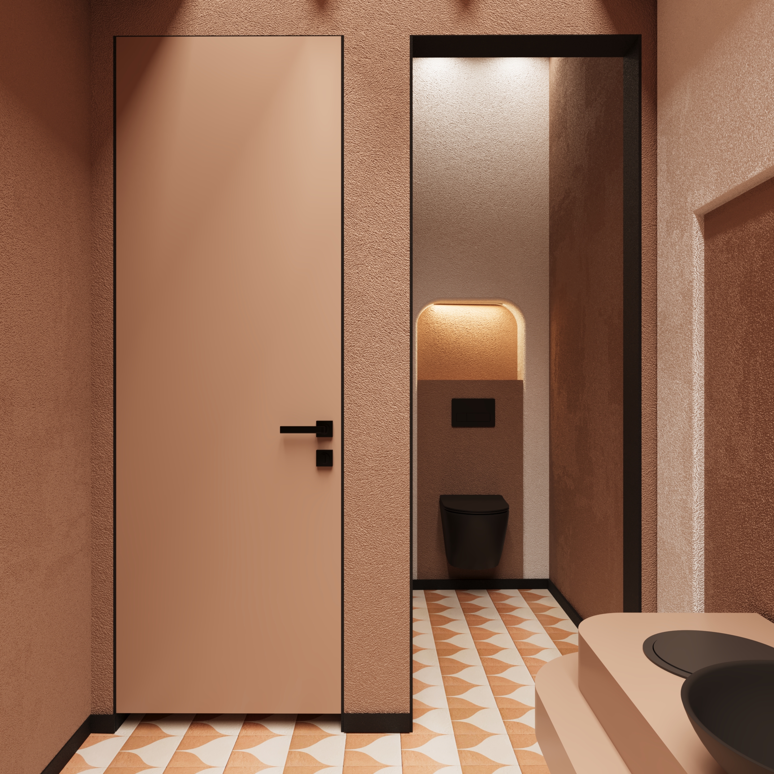 Restroom entrance with leaf-patterned floor tiles at K's Kitchen