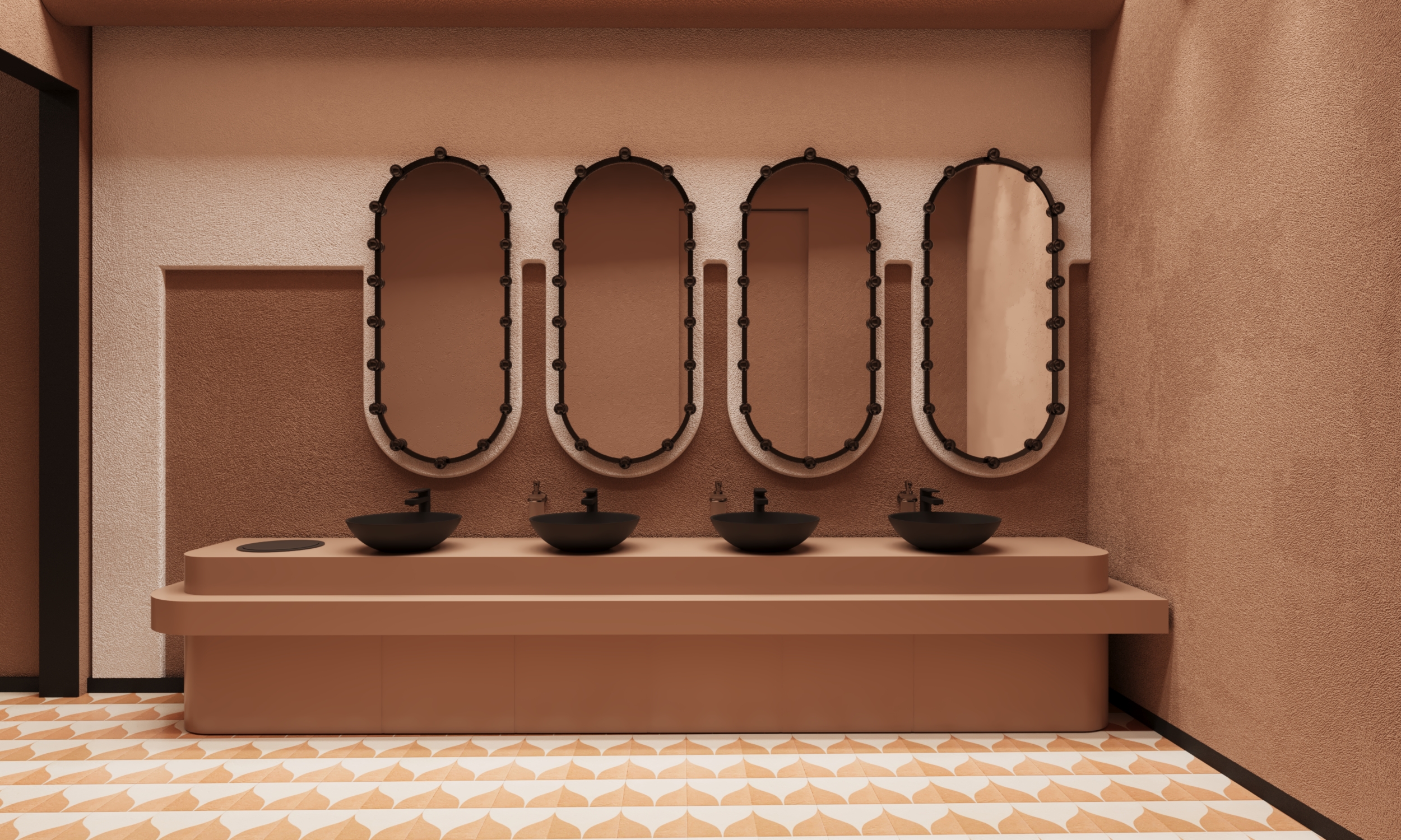 Terracotta restroom with oval mirrors and black vessel sinks at K's Kitchen