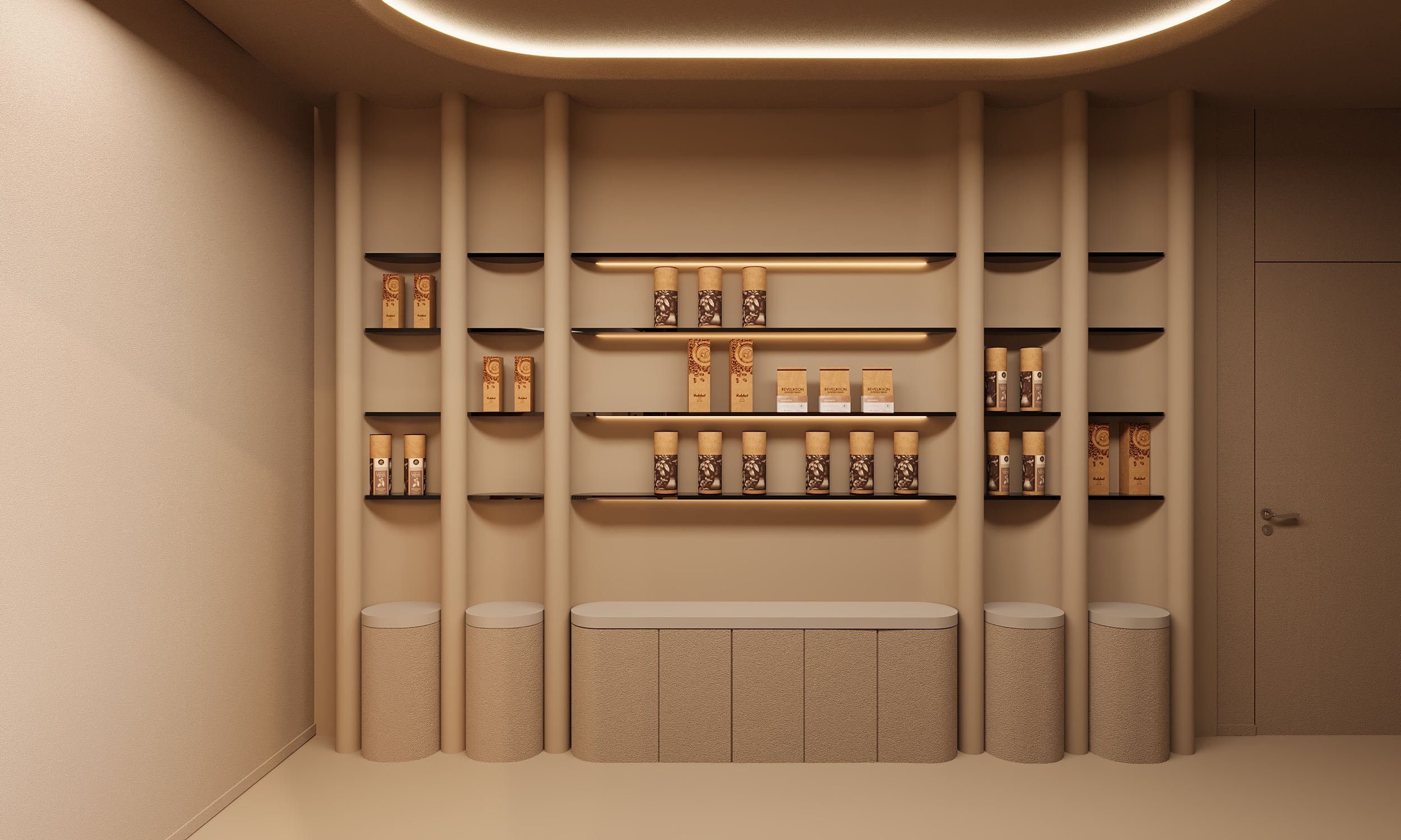 Retail corner with curved shelves and rounded columns at K's Kitchen
