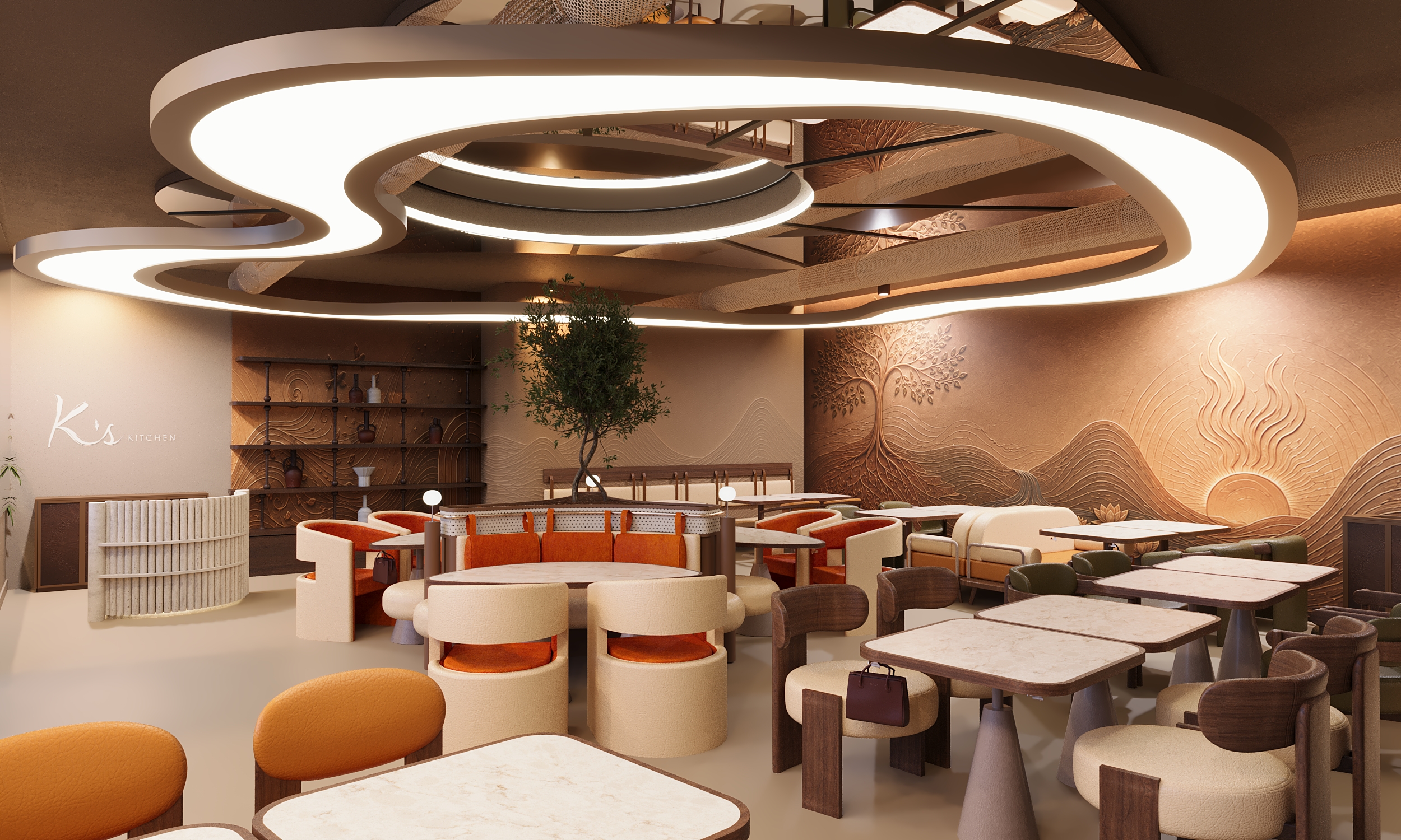K's Kitchen dining room with wave-shaped lit ceiling and olive tree