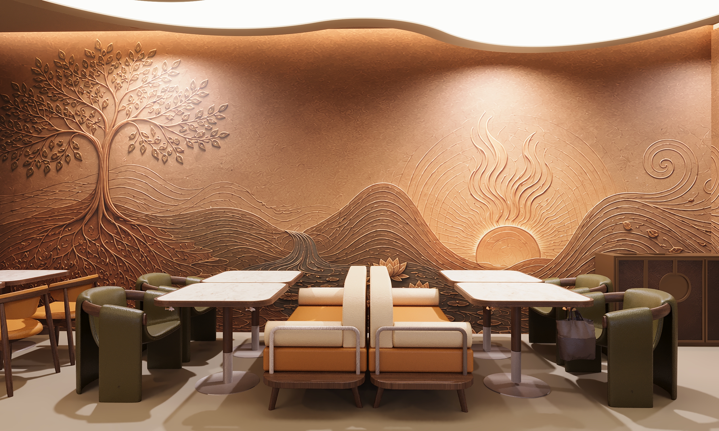 Relief wall with tree, river, lotus and rising sun at K's Kitchen Indian restaurant