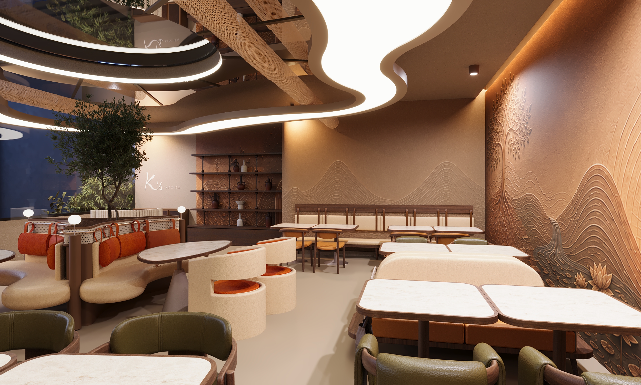 Seating zones with olive leather chairs and relief wall in Indian restaurant interior design