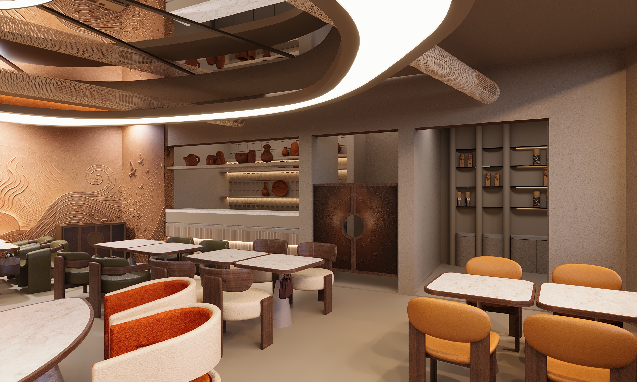 Bar with terracotta pottery shelves at K's Kitchen