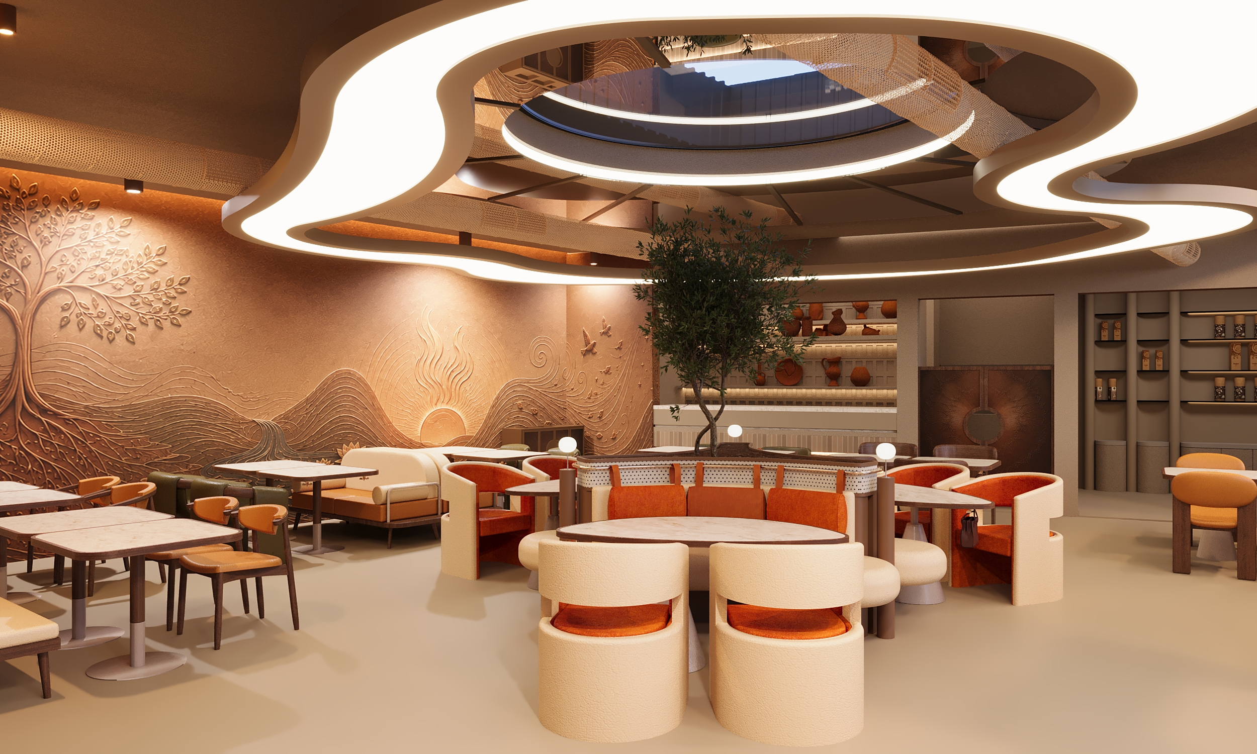 Olive tree planter under the skylight with wrap-around banquette at K's Kitchen
