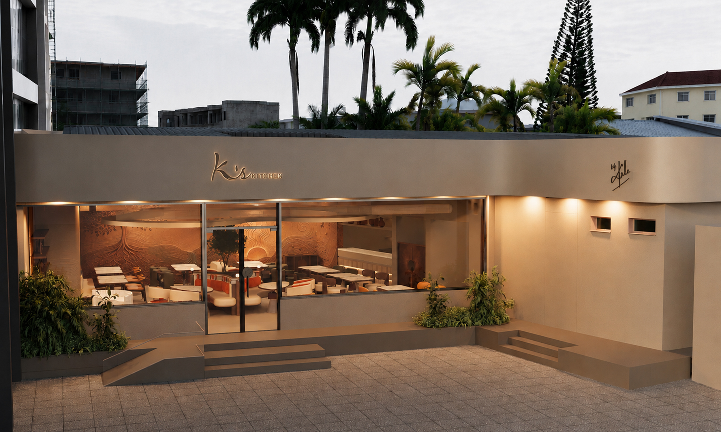 K's Kitchen façade at dusk, Indian restaurant interior design in Nigeria by L'Art-qui-tecte