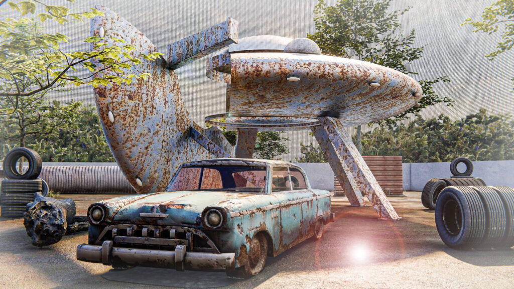 Paintball arena with a crashed flying saucer and rusted car