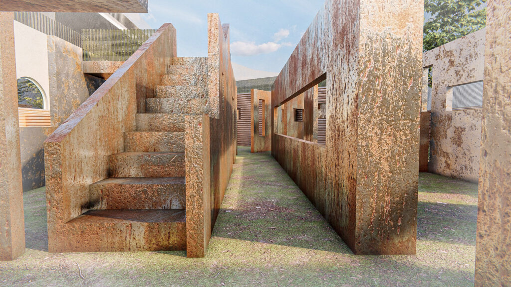 Paintball arena stairs and narrow corridors