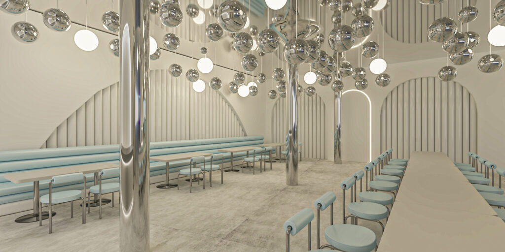 Birthday hall with mirrored sphere ceiling