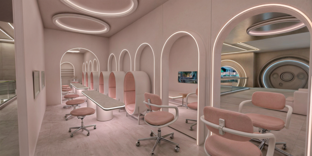 Pastel spa with arched mirrors