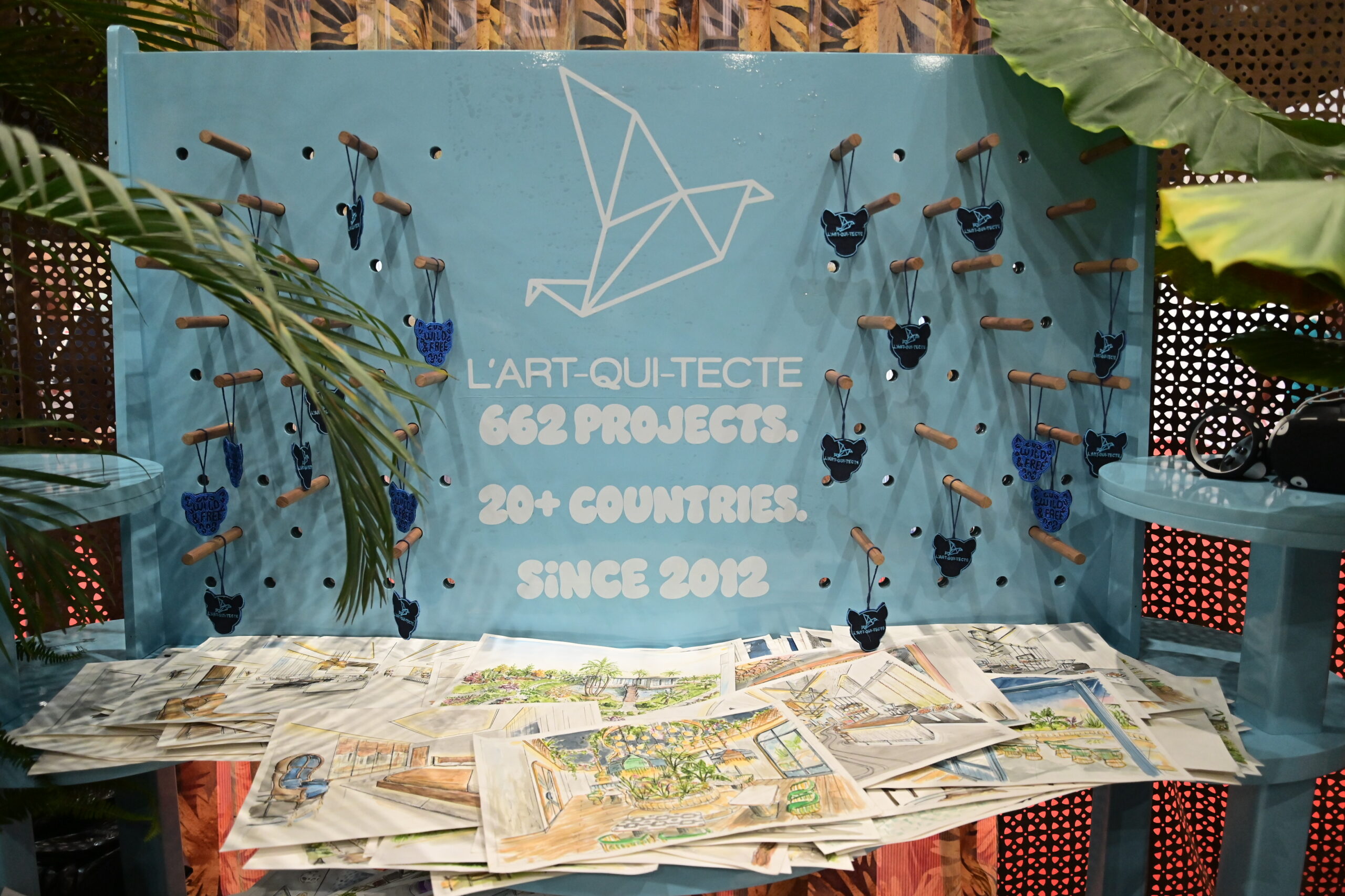 Pegboard reading 662 projects, 20+ countries, since 2012, with watercolour sketches