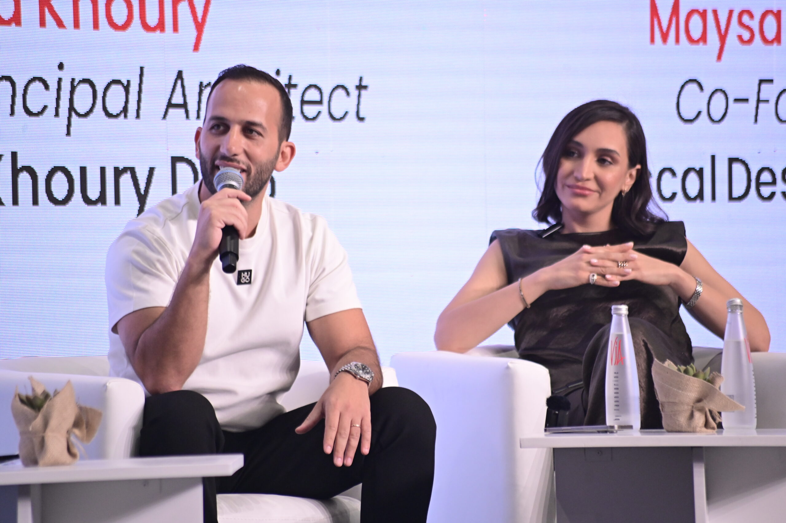 L'Art-qui-tecte founders on stage at the Interiors Lebanon conference