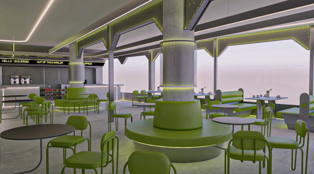 Parents lounge with lime green seating