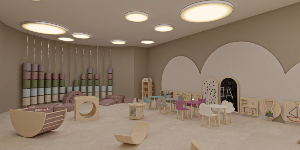 Toddler play area with cloud-shaped arches